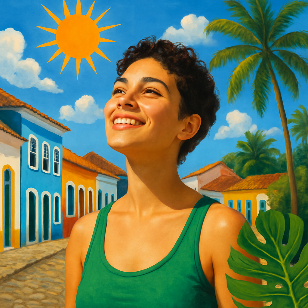 A cheerful young Afro-Latina woman with short, curly dark brown hair and light olive skin smiles peacefully as she looks up. She is wearing a green tank top that complements the vibrant color palette. The background is a stylized Brazilian street with cobblestone streets and colorful colonial-style houses in shades of blue, red, yellow, and white. A bright orange sun with sharp rays shines in a deep blue sky filled with fluffy white clouds. To the right, a tall, lush palm tree sways gently, and in the lower foreground, a large green monstera leaf are placed as symbolic elements. The overall tone of the image is warm, hopeful, and spiritually uplifting, using bold colors and clean contrasts to reflect joy, reflection, and divine connection. a realistic image